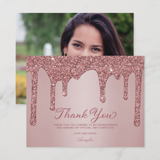 Rose Gold Glitzer Tropfen Quinceanera Dankeskarte (Vorne/Hinten)