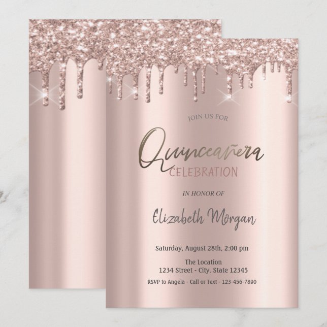 Rose Gold Glitzer Tropfen Quinceanera Einladung (Vorne/Hinten)