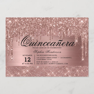 Rose Gold Glitzer Tropfen Quinceañera Einladung