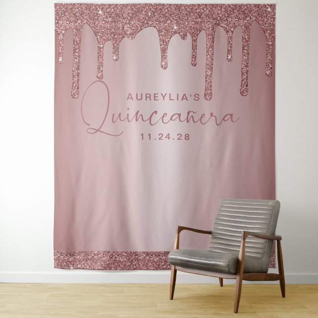 Rose Gold Glitzer Tropfen Quinceanera Hintergrund Wandteppich (Beispiel)