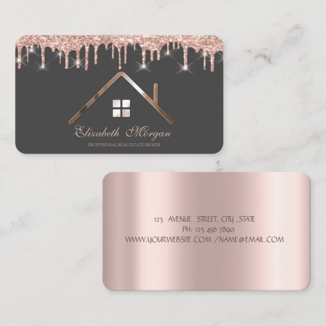 Rose Gold Glitzer Tropfen Real Anwesen Agent Visitenkarte (Vorne/Hinten)