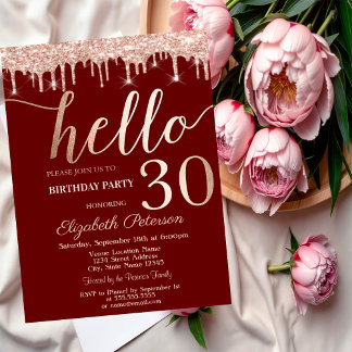 Rose Gold Glitzer Tropfen Red 30. Geburtstag Party Einladung
