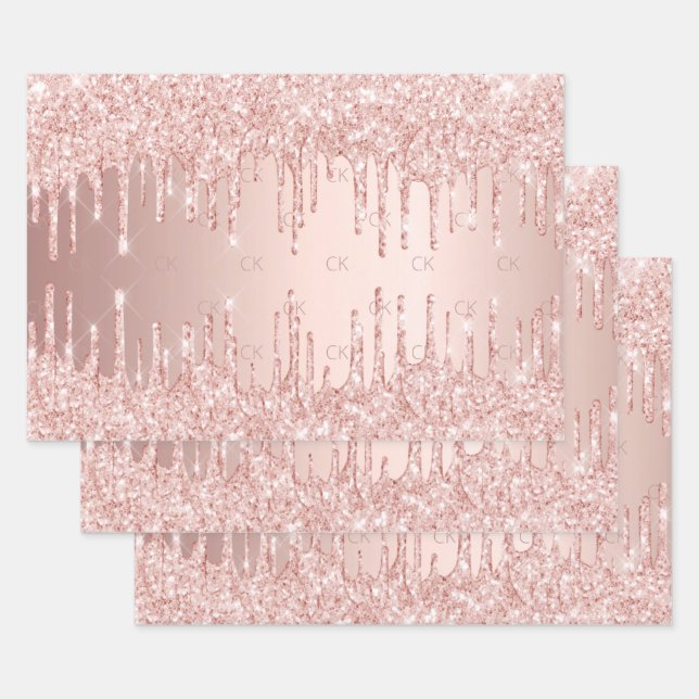 Rose Gold Glitzer Tropfen Rosa Funkelglasmonogramm Geschenkpapier Set (Set)