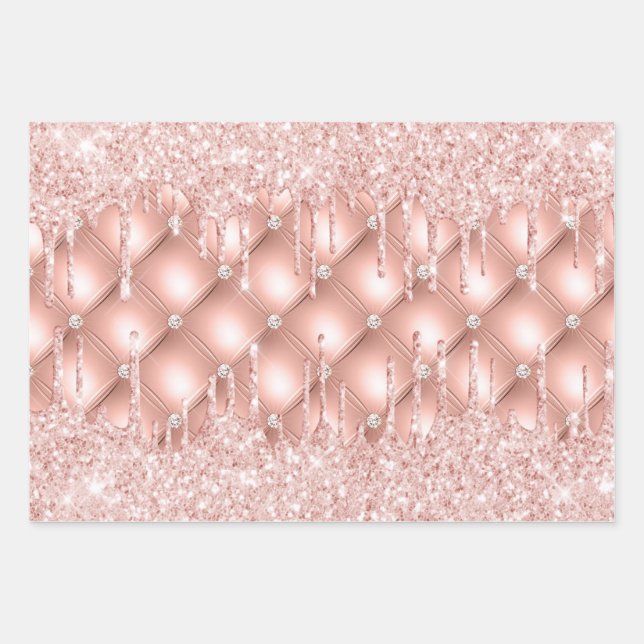 Rose Gold Glitzer Tropfen Rosa funkeln Luxus Geschenkpapier Set (Vorderseite)