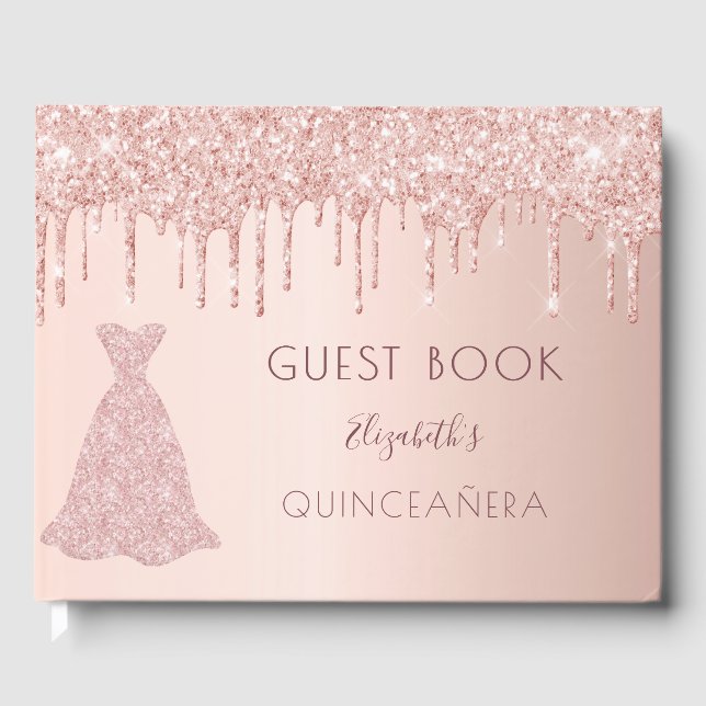 Rose Gold Glitzer Tropfen Rosa Gänse Quinceanera Gästebuch (Vorderseite)