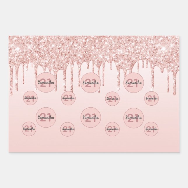 Rose Gold Glitzer Tropfen Rosa Monogramm Geschenkpapier Set (Vorderseite)