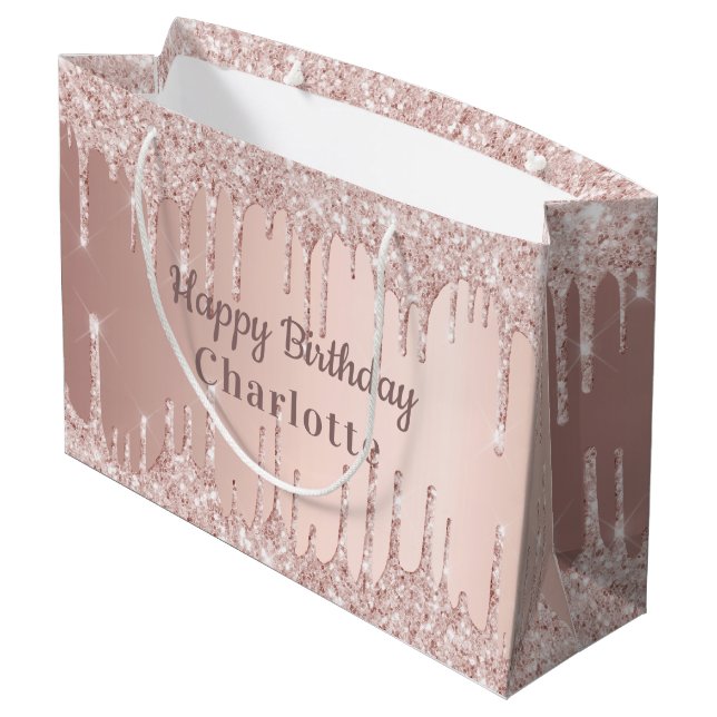 Rose Gold Glitzer Tropfen Rosa Monogramm Große Geschenktüte (Rückseite Schrägansicht)