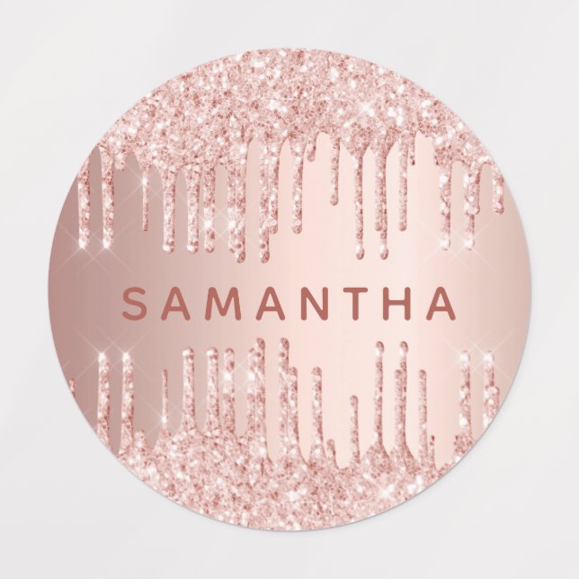 Rose Gold Glitzer Tropfen Rosa Monogramm Name Etiketten (Design 1)