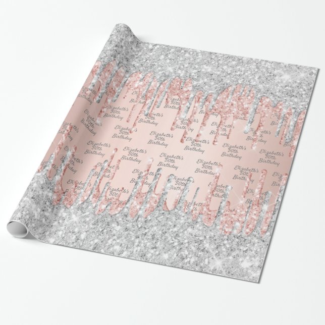 Rose Gold Glitzer Tropfen Rosa Silbername Geschenkpapier (Ungerollt)