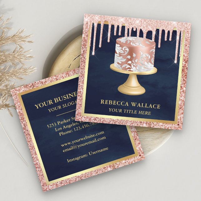 Rose Gold Glitzer Tropfen Rosa Verziert Cake Bäcke Quadratische Visitenkarte (Von Creator hochgeladen)
