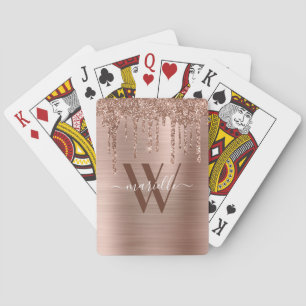 Rose Gold Glitzer Tropfen Rot gebürstetes Monogram Spielkarten
