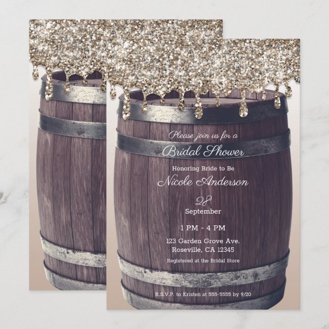 Rose Gold Glitzer Tropfen Rustikales Glam Brautpar Einladung (Vorne/Hinten)