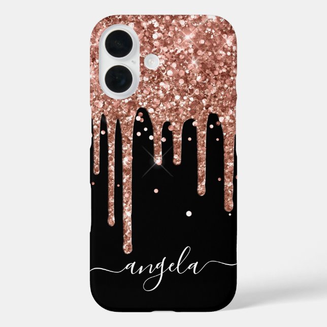 Rose Gold Glitzer Tropfen Schwarzer Glam Signatur iPhone 16 Hülle (Rückseite)