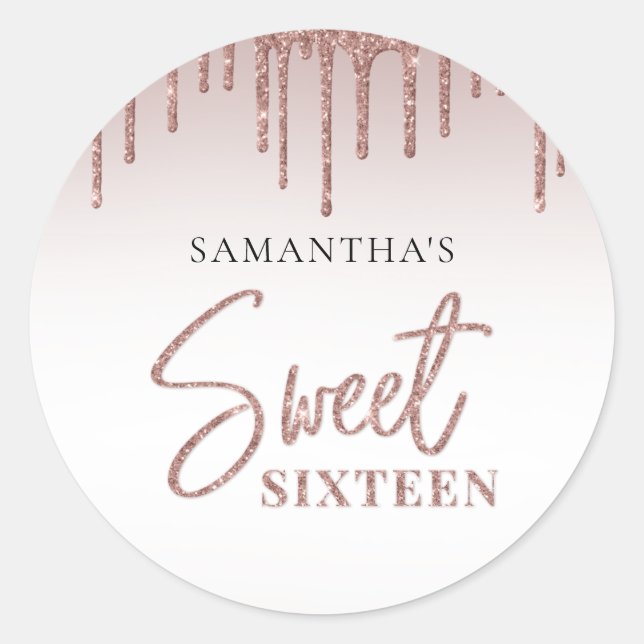Rose Gold Glitzer Tropfen Script Sweet 16 Geburtst Runder Aufkleber (Vorderseite)