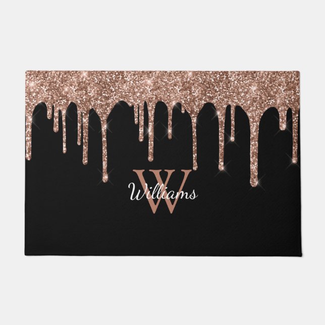 Rose Gold Glitzer Tropfen Sparkle Monogram Name Fußmatte (Vorderseite)