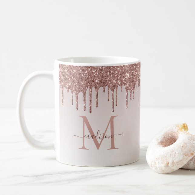 Rose Gold Glitzer Tropfen Sparkle Monogram Script Kaffeetasse (Mit Donut)