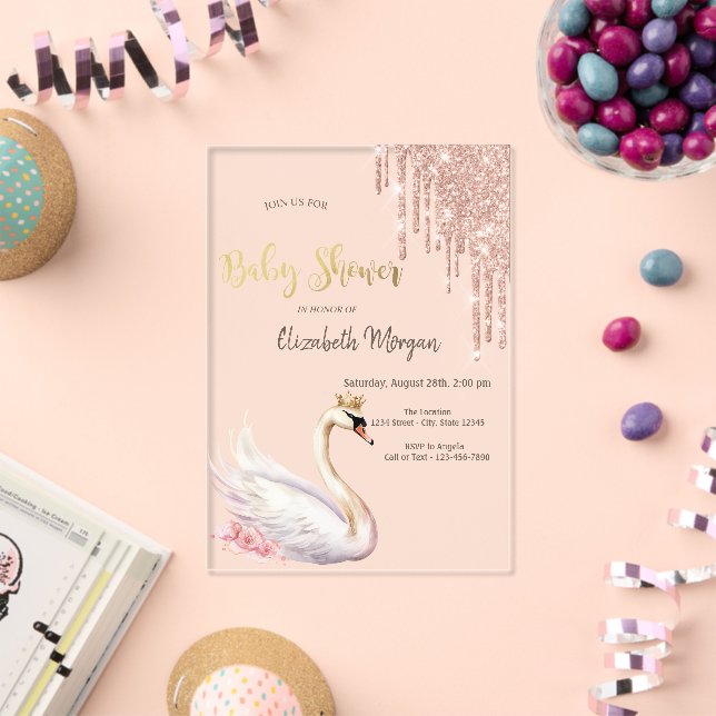 Rose Gold Glitzer Tropfen Swan Crown Blume Acryleinladungen (Insitu (Feier))