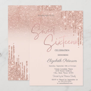 Rose Gold Glitzer, Tropfen Sweet 16 Einladung