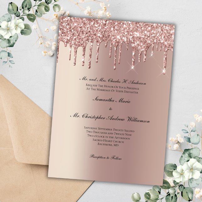 Rose Gold Glitzer Tropfen Trendy Elegante Hochzeit Einladung (Rose Gold Dripping Glitter Trendy Modern Glam Bling Wedding Invitation)
