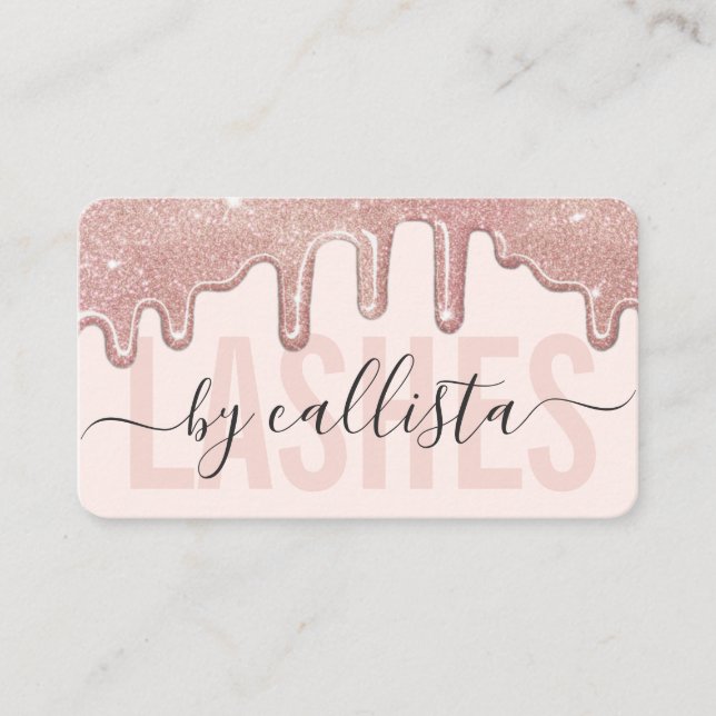 Rose Gold Glitzer Tropfen Typografie Lashes Visitenkarte (Vorderseite)