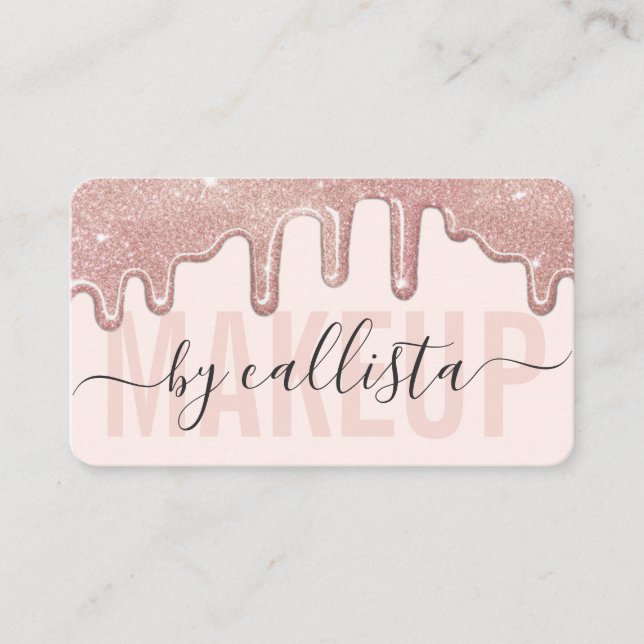 Rose Gold Glitzer Tropfen Typografie Makeup Artist Visitenkarte (Vorderseite)