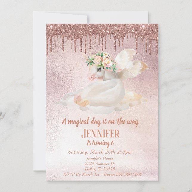 Rose Gold Glitzer Tropfen Unicorn Pegasus Einladung (Vorderseite)