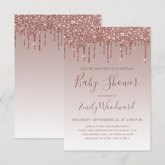 Rose Gold Glitzer Tropfen Virtual Baby Dusche Einladung (Vorne/Hinten)