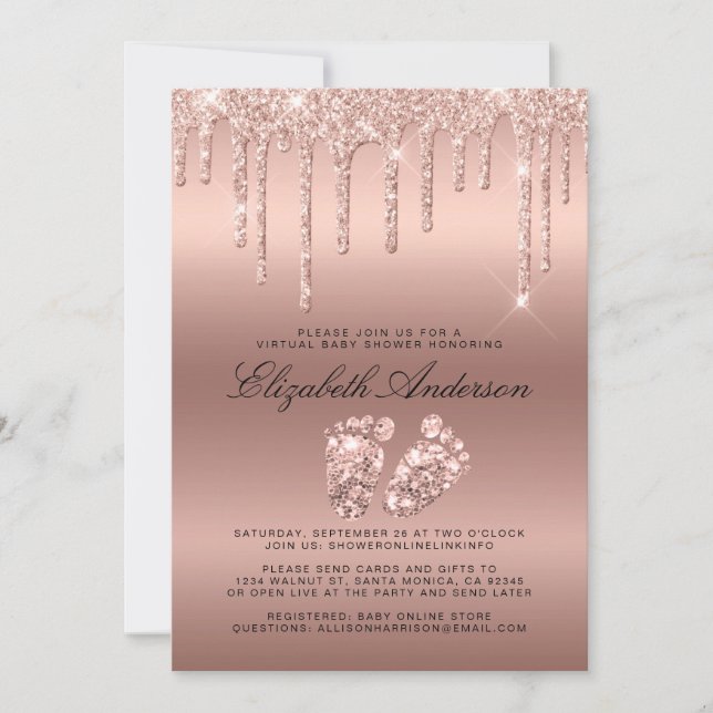 Rose Gold Glitzer Tropfen Virtual Baby Dusche Einladung (Vorderseite)