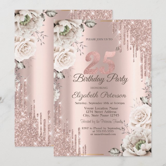 Rose Gold, Glitzer Tropfen, weiße Blume 25. Einladung (Vorne/Hinten)