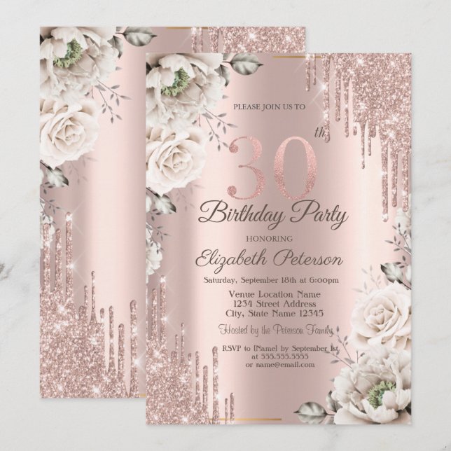 Rose Gold, Glitzer Tropfen, Weiße Blume 30. Einladung (Vorne/Hinten)