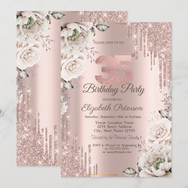 Rose Gold, Glitzer Tropfen, Weiße Blume 35. Einladung (Vorne/Hinten)