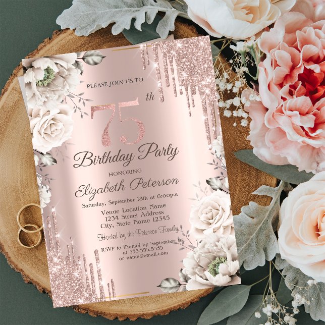 Rose Gold, Glitzer Tropfen, Weiße Blume 75. Einladung (Von Creator hochgeladen)