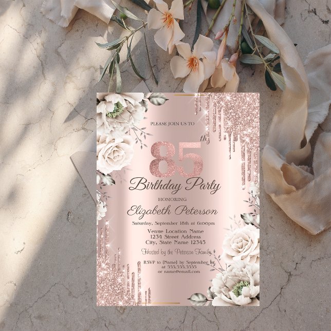 Rose Gold, Glitzer Tropfen, Weiße Blume 85. Einladung (Von Creator hochgeladen)