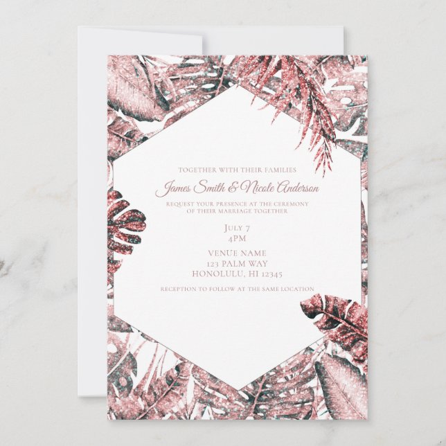 Rose Gold Glitzer Tropical Palm Blätter Hochzeit Einladung (Vorderseite)