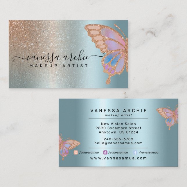 Rose Gold Glitzer Turquoise Forelle Regenbogen Sch Visitenkarte (Vorne/Hinten)