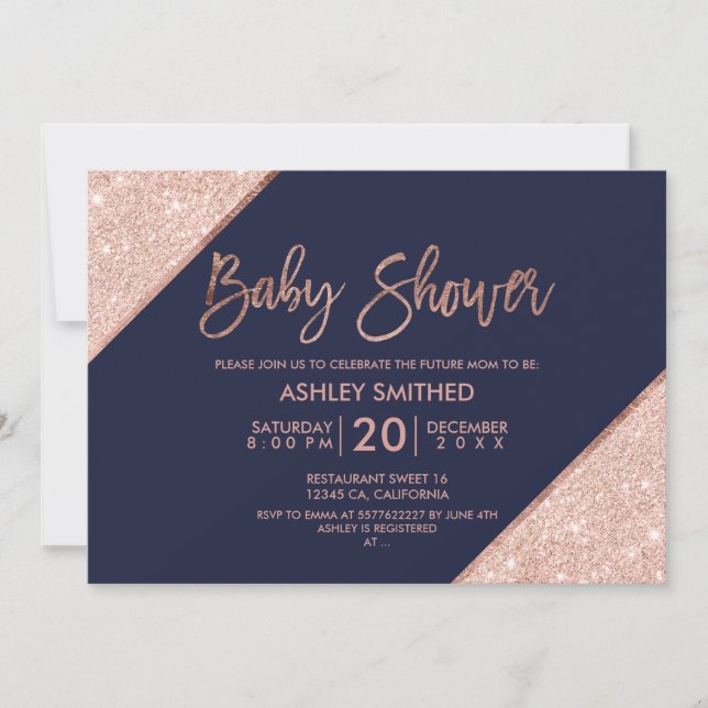 Rose Gold Glitzer Typografie blaue Babydusche Einladung (Vorderseite)