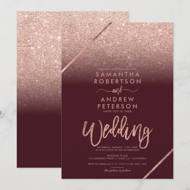 Rose Gold Glitzer Typografie Bordeaux Hochzeit Einladung (Vorne/Hinten)