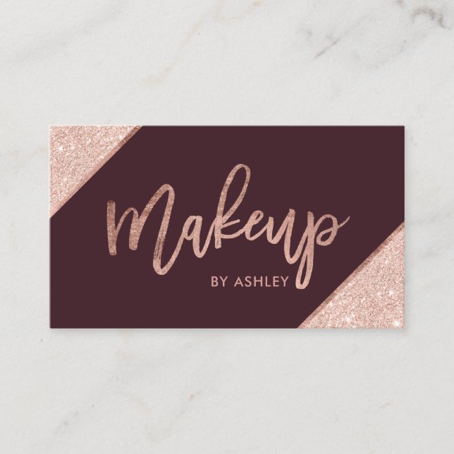 Rose Gold Glitzer Typografie Bordeaux Make-up Visitenkarte (Vorderseite)