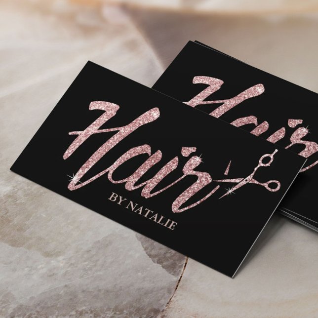 Rose Gold Glitzer Typografie Haar Salon Black Visitenkarte (Von Creator hochgeladen)