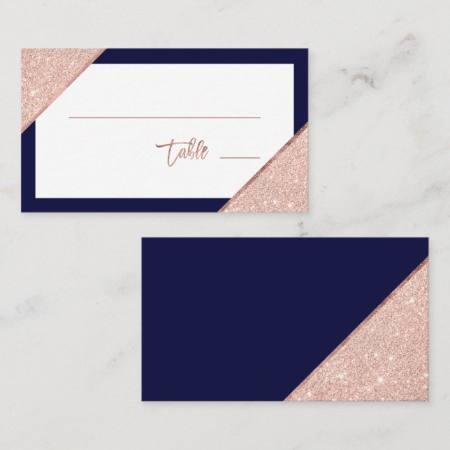 Rose Gold Glitzer Typografie Marine blaue Hochzeit Platzkarte (Vorne/Hinten)