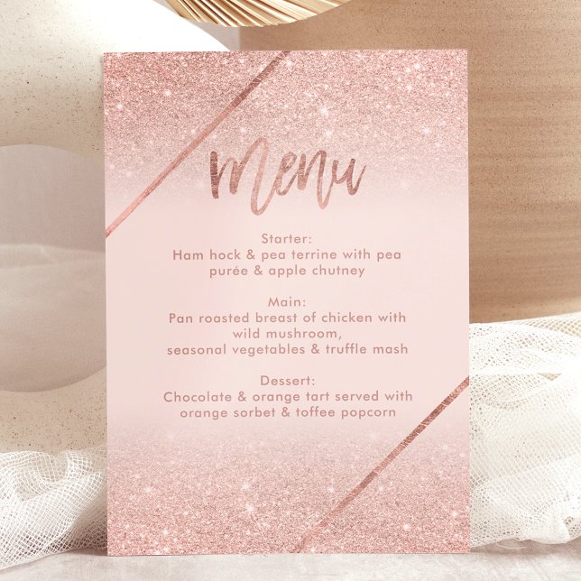 Rose Gold Glitzer Typografie Rosa Menü Einladung (Rose gold glitter typography blush pink menu invitation)