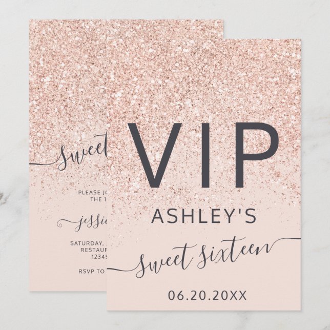 Rose Gold Glitzer Typografie rosa VIP Sweet 16 Einladung (Vorne/Hinten)