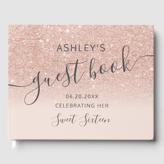 Rose Gold Glitzer Typografie rot Rosa Sweet 16 Gästebuch (Vorderseite)