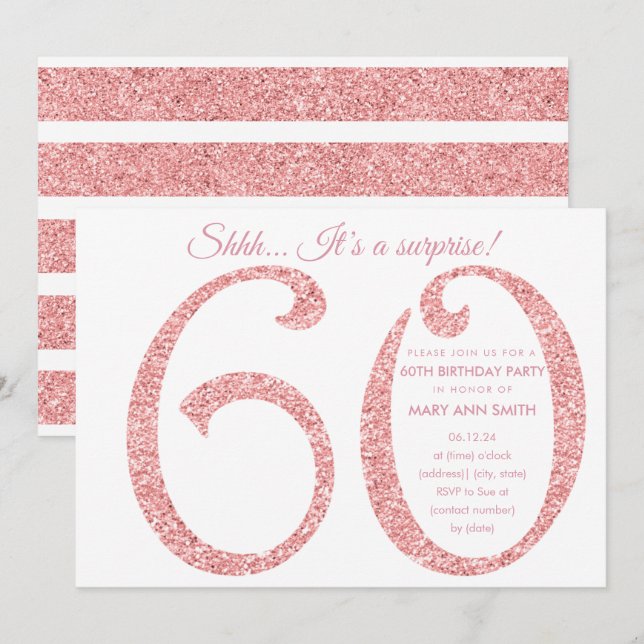 Rose Gold Glitzer Überraschung 60. Geburtstag Einladung (Vorne/Hinten)