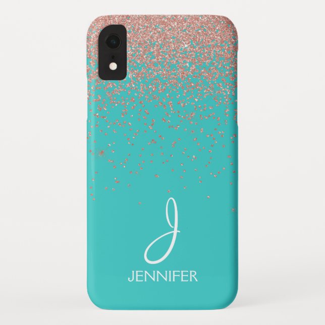 Rose Gold Glitzer und Aquamarin Monogramm Case-Mate iPhone Hülle (Rückseite)