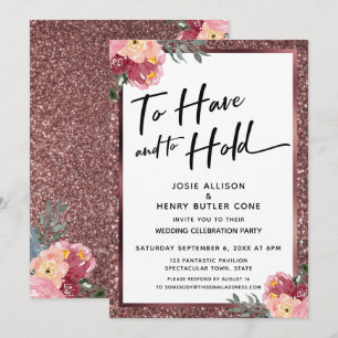 Rose Gold Glitzer und Blume haben und halten Einladung