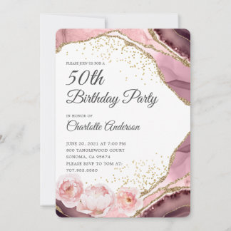 Rose Gold Glitzer und Blumen 50. Geburtstagsparty Einladung