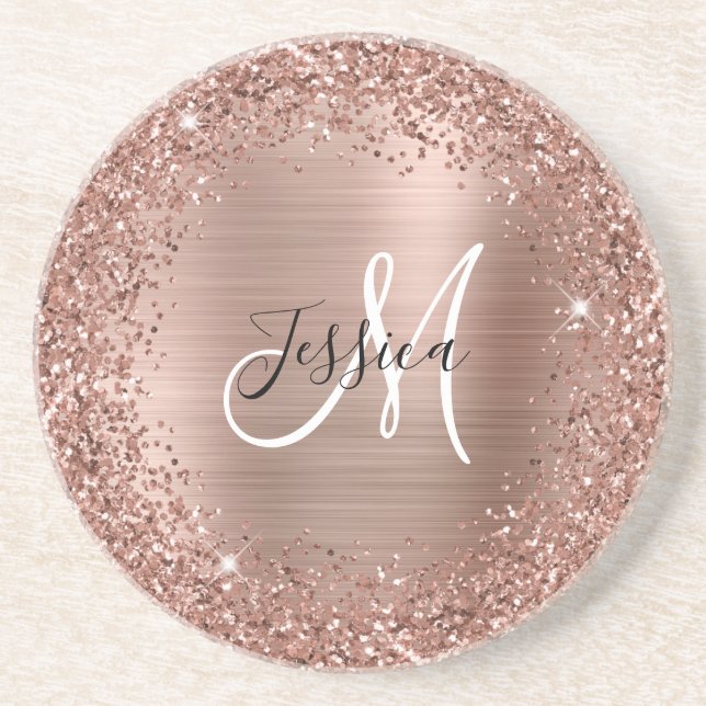 Rose Gold Glitzer und Foil Girly Glam Monogram Getränkeuntersetzer (Vorne)