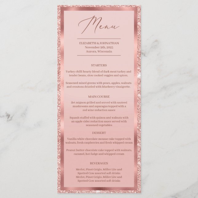 Rose Gold Glitzer und Folie Hochzeitsessen Menükarte (Vorderseite)