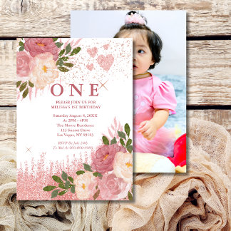 Rose Gold Glitzer und Glam Erster Geburtstag Foto Einladung